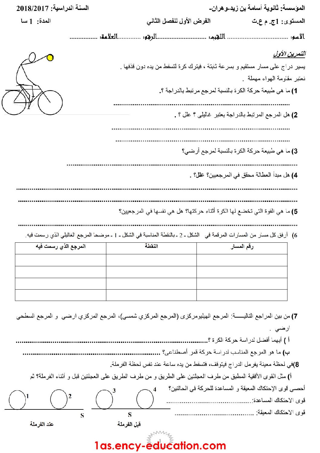 فرض في العلوم الفيزيائية الفصل الثاني السنة الأولى ثانوي رقم 6