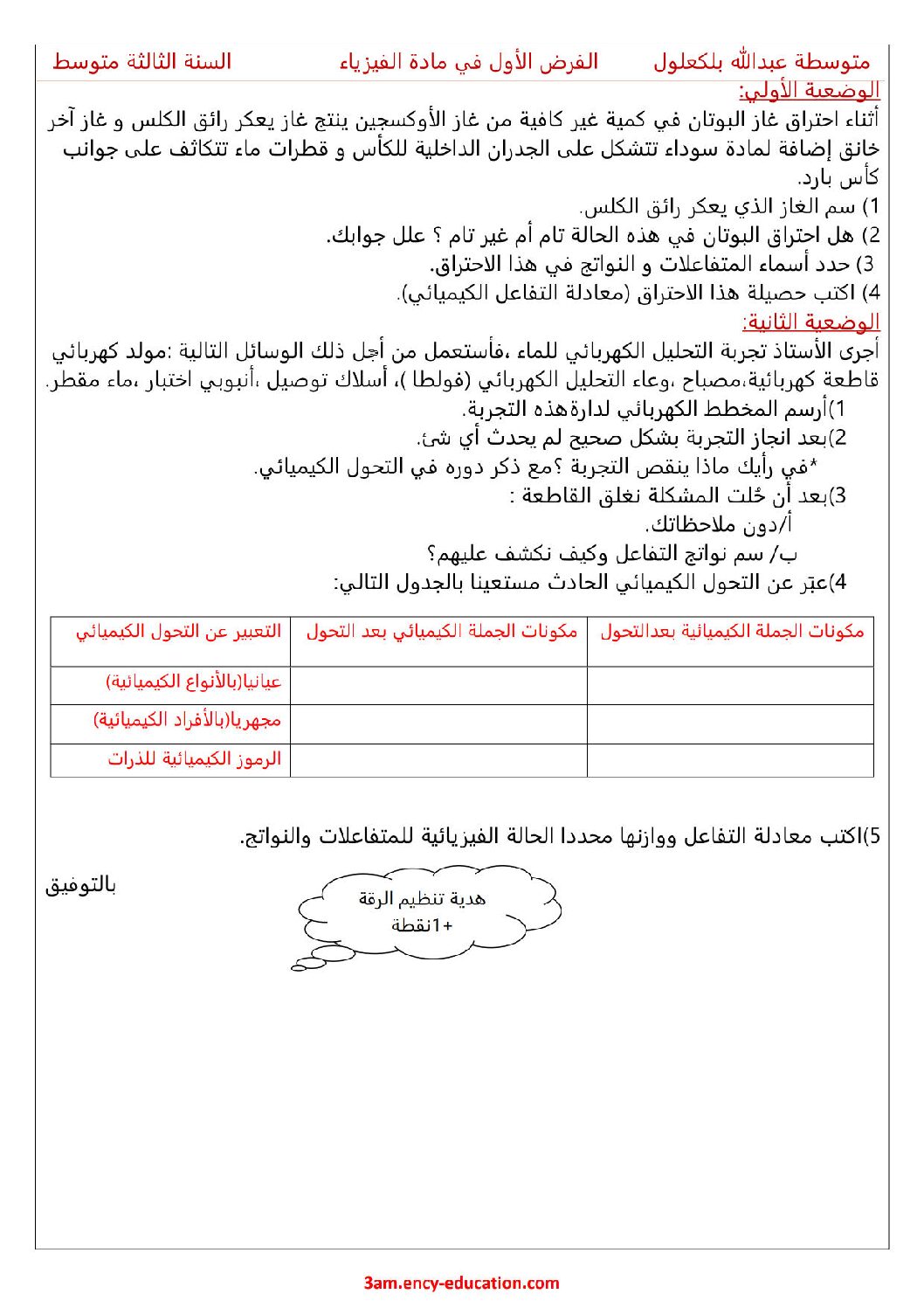 فرض في العلوم الفيزيائية الفصل الأول السنة الثالثة متوسط رقم 61