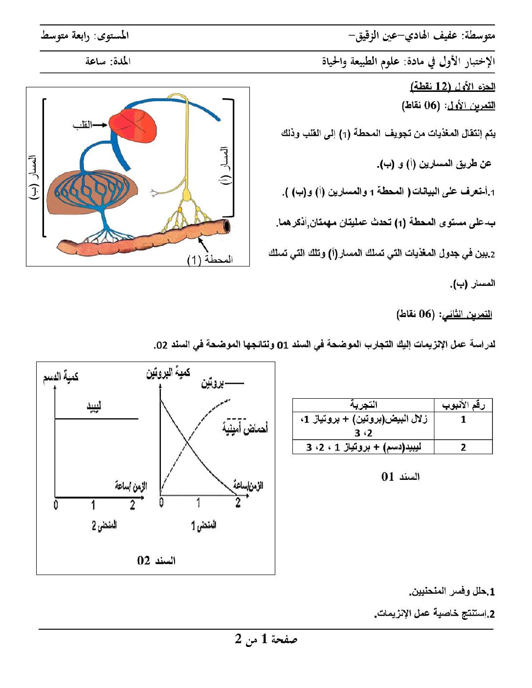 اختبار  في العلوم الطبيعية الفصل الأول السنة الرابعة متوسط رقم 62