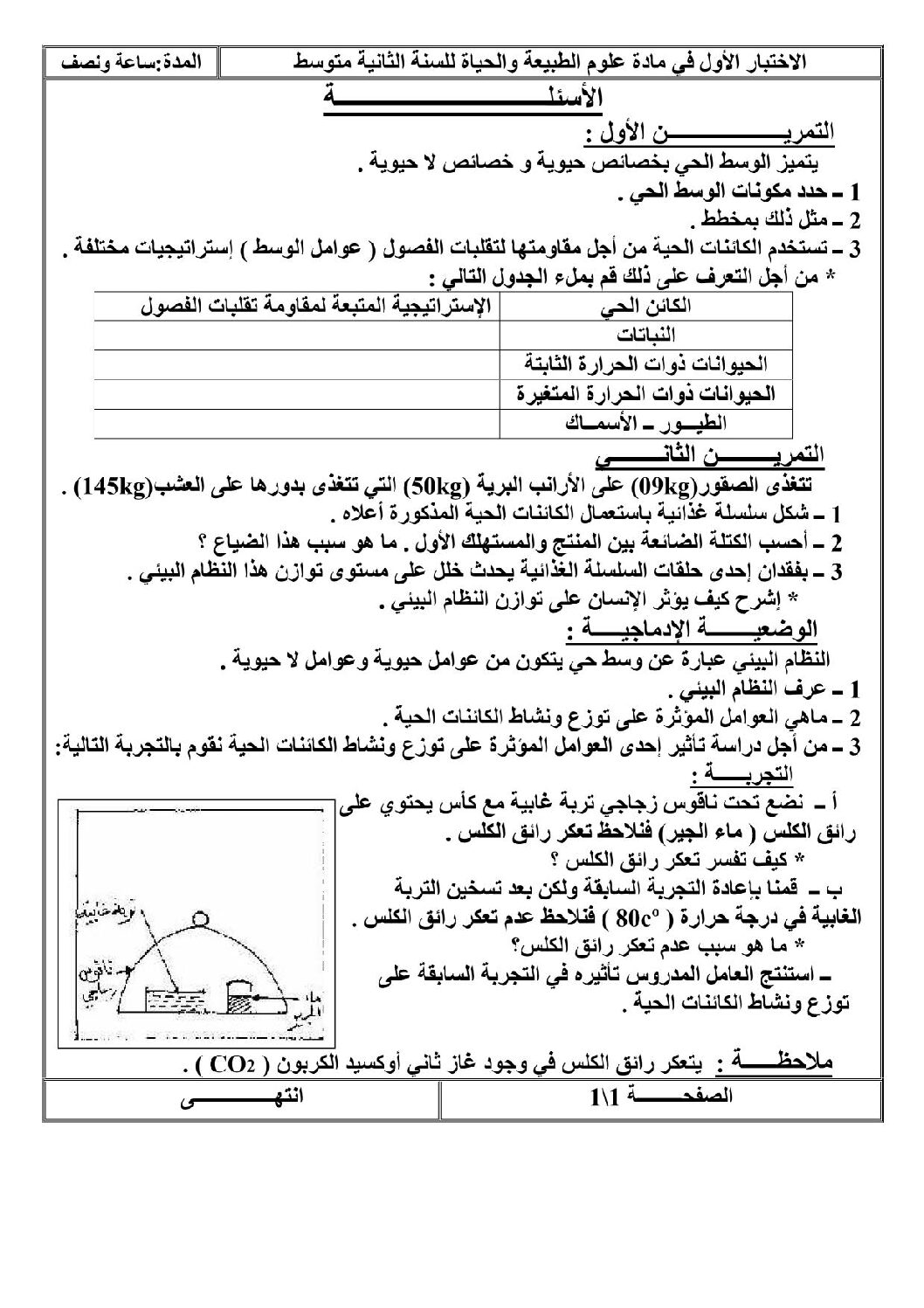 اختبار في العلوم الطبيعية الفصل الأول السنة الثانية متوسط رقم 7