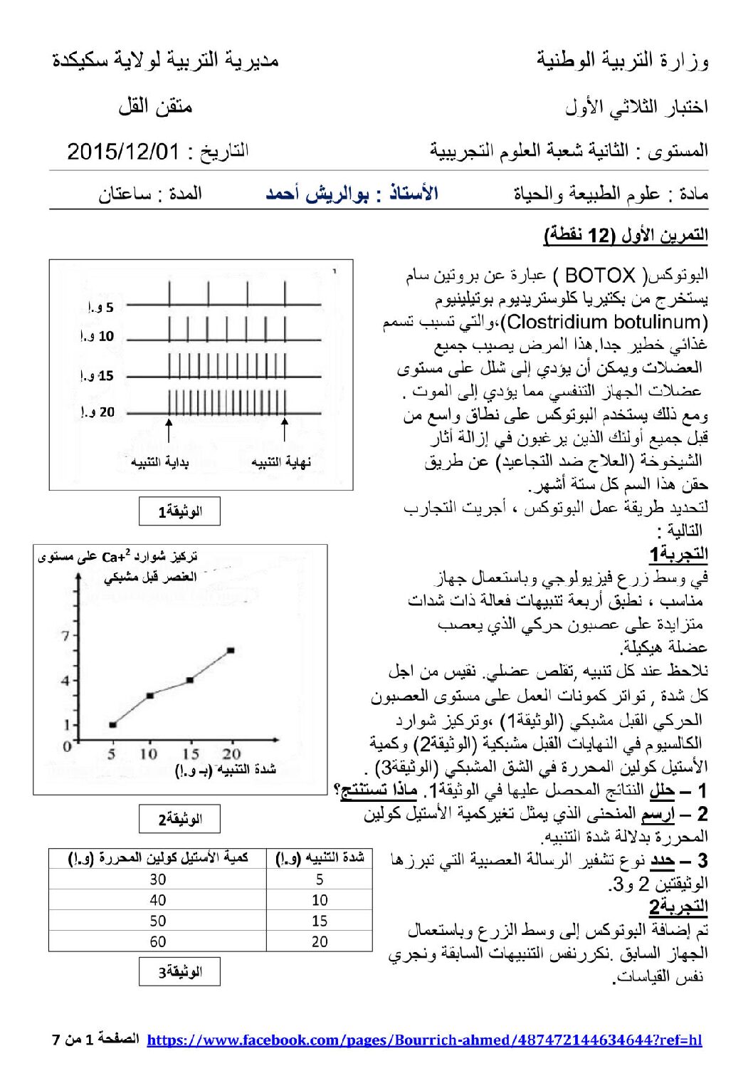 اختبار في العلوم الطبيعية الفصل الأول السنة الثانية ثانوي علوم تجريبية رقم 7 مع التصحيح