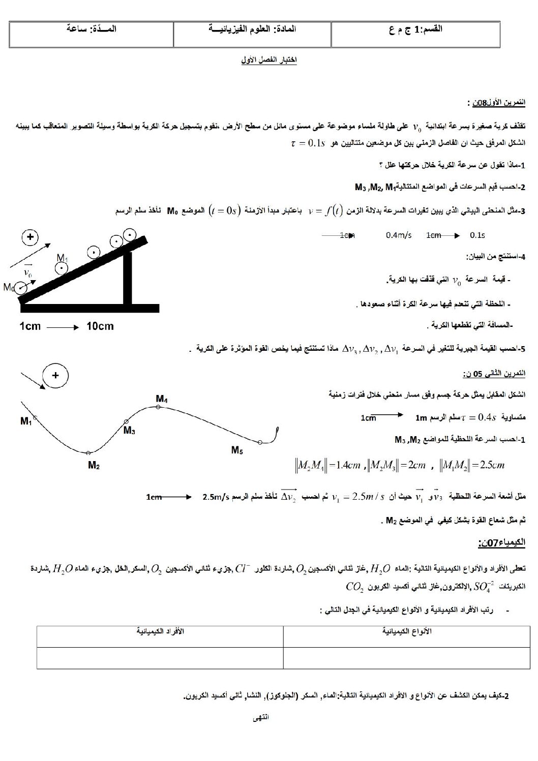 اختبار في العلوم الفيزيائية الفصل الأول السنة الأولى ثانوي رقم 7 مع التصحيح