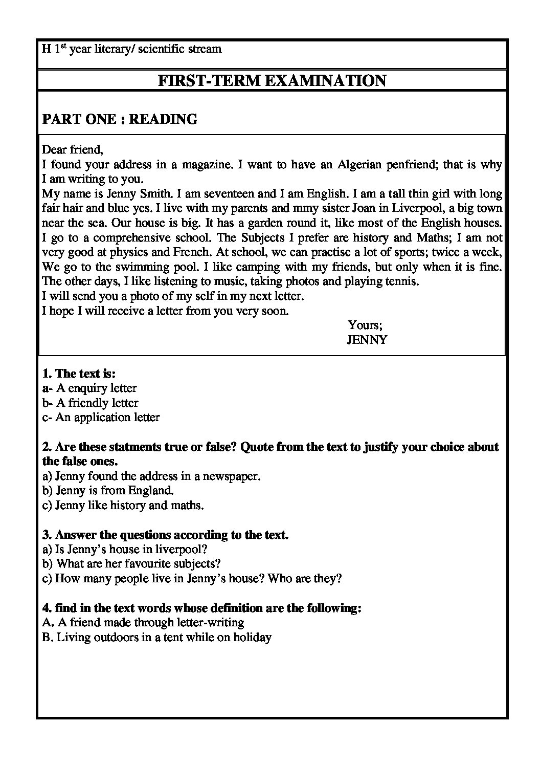 اختبار في اللغة الإنجليزية الفصل الأول السنة الأولى ثانوي ج م ع رقم 7