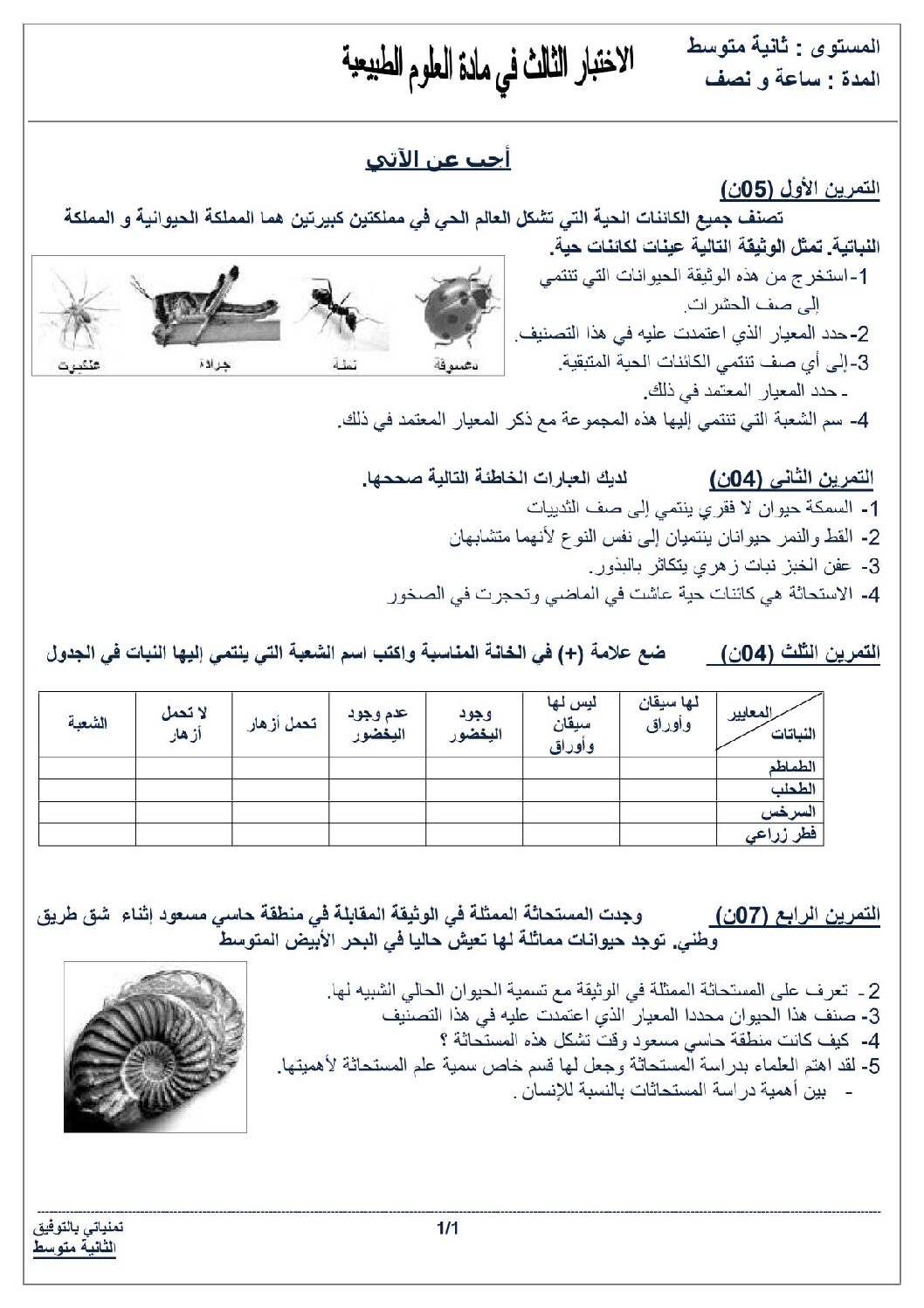 اختبار في العلوم الطبيعية الفصل الثالث السنة الثانية متوسط رقم 7