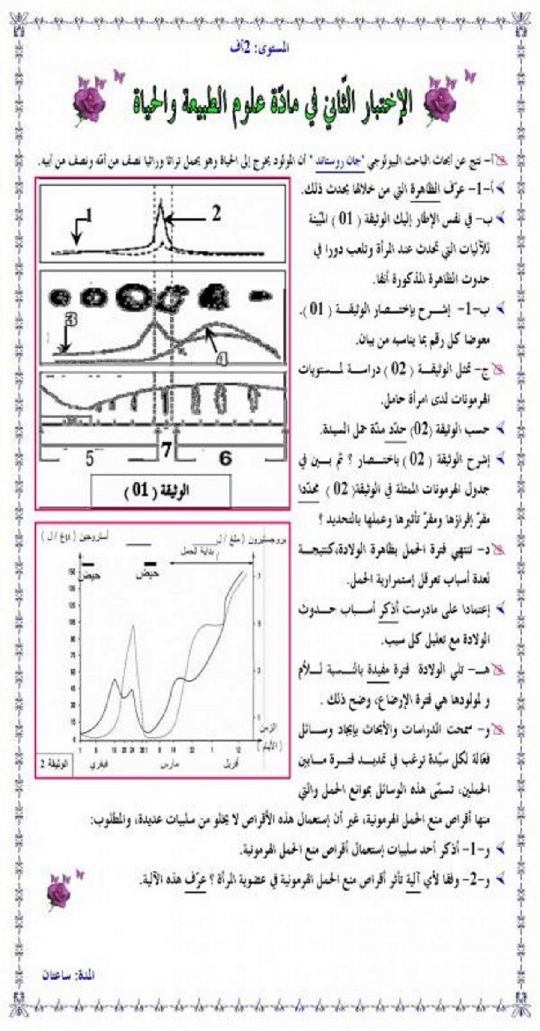 اختبار في العلوم الطبيعية الفصل الثاني السنة الثانية ثانوي آداب رقم 7