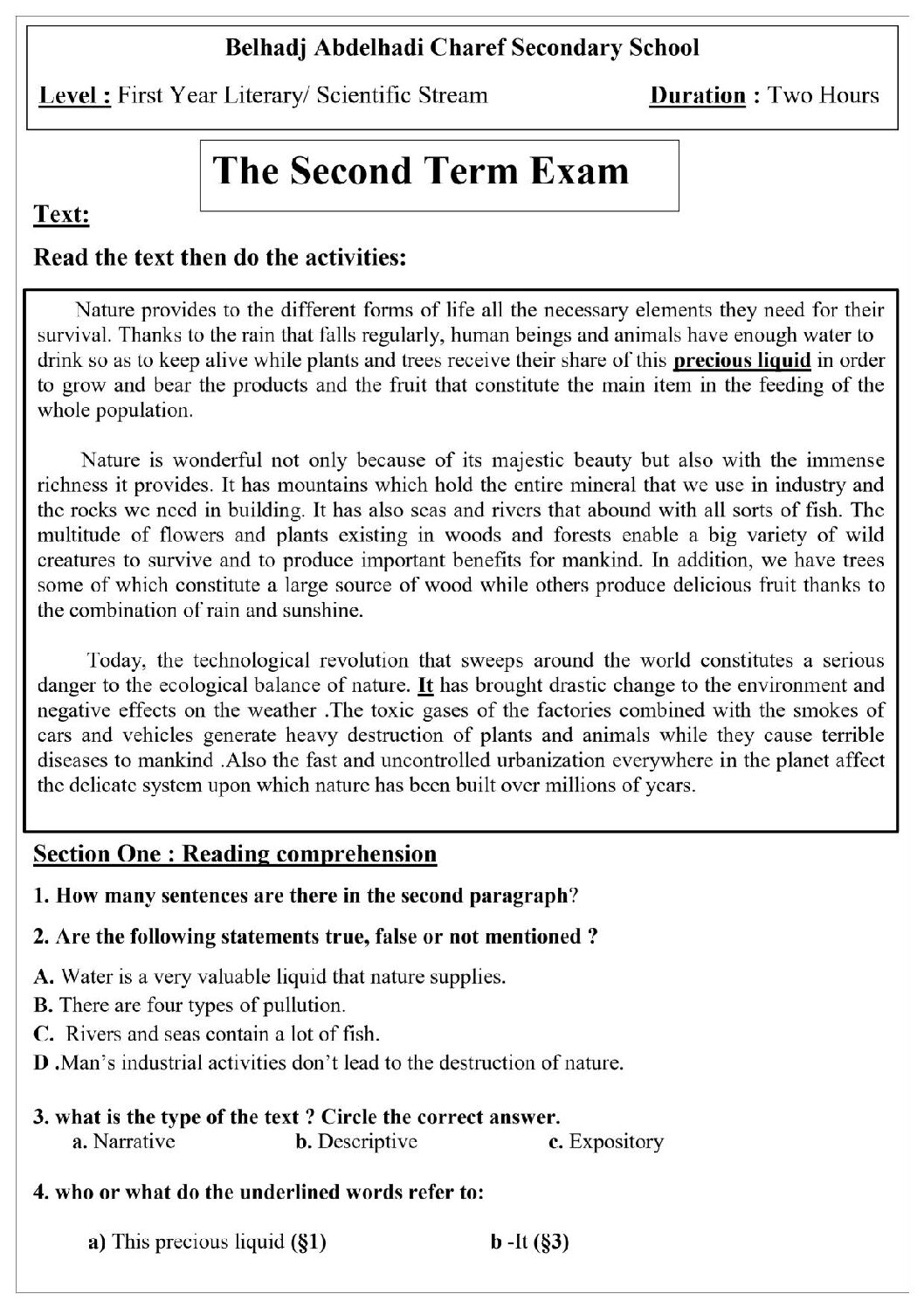 اختبار في اللغة الإنجليزية الفصل الثاني السنة الأولى ثانوي ج م ع رقم 7