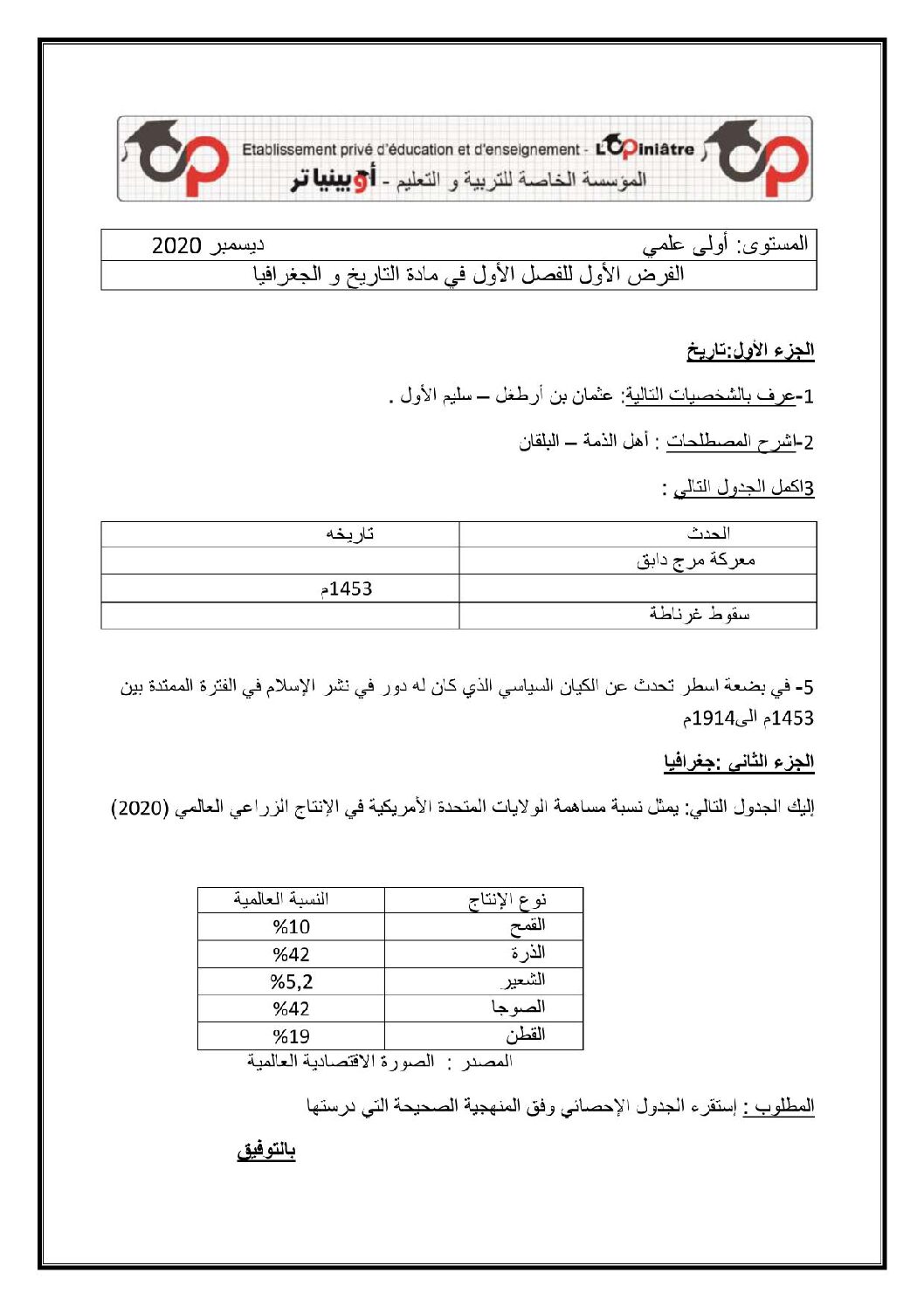 فرض في التاريخ والجغرافيا الفصل الأول السنة الأولى ثانوي ج م ع رقم 7 مع التصحيح