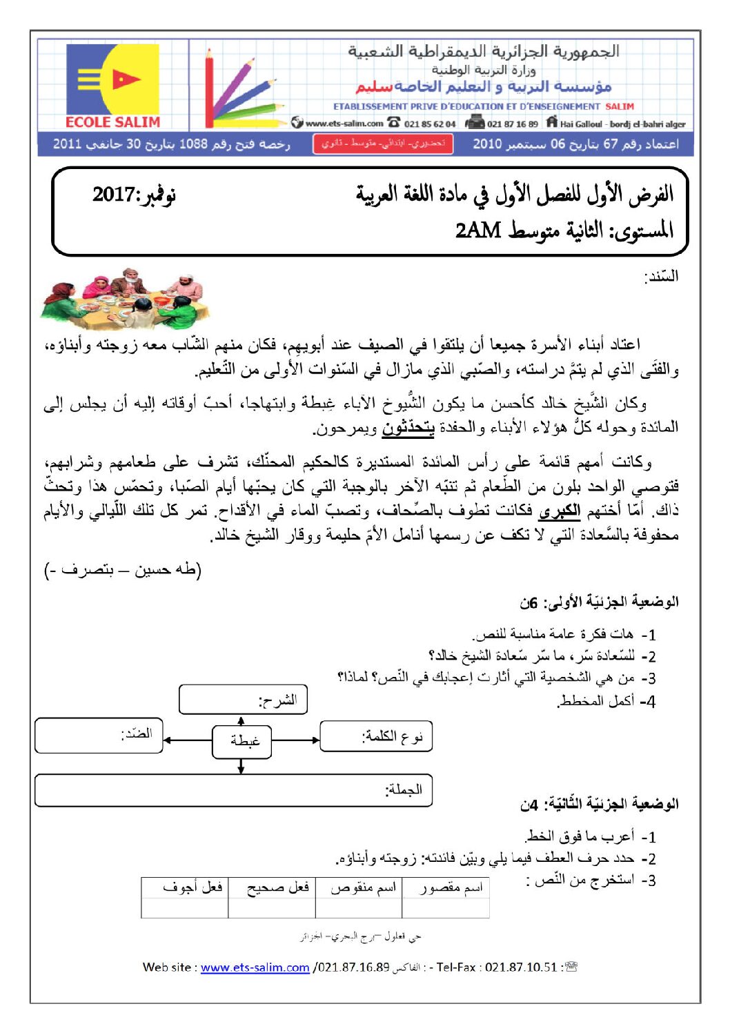 فرض في اللغة العربية الفصل الأول السنة الثانية متوسط رقم 7 مع التصحيح