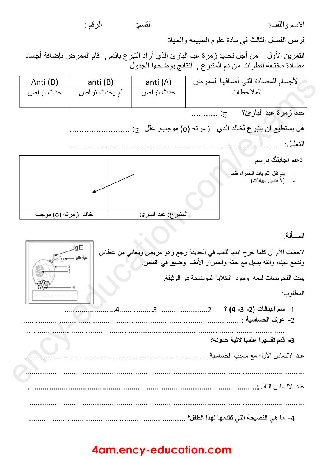 فرض في العلوم الطبيعية الفصل الثالث السنة الرابعة متوسط رقم 7