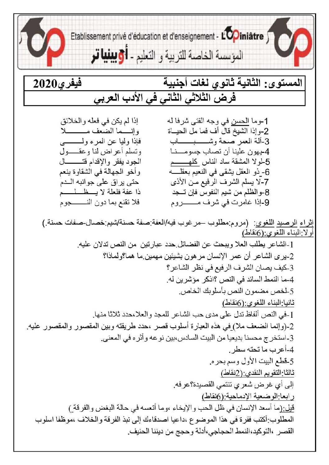 فرض في اللغة العربية الفصل الثاني السنة الثانية ثانوي أدبي رقم 7 مع التصحيح