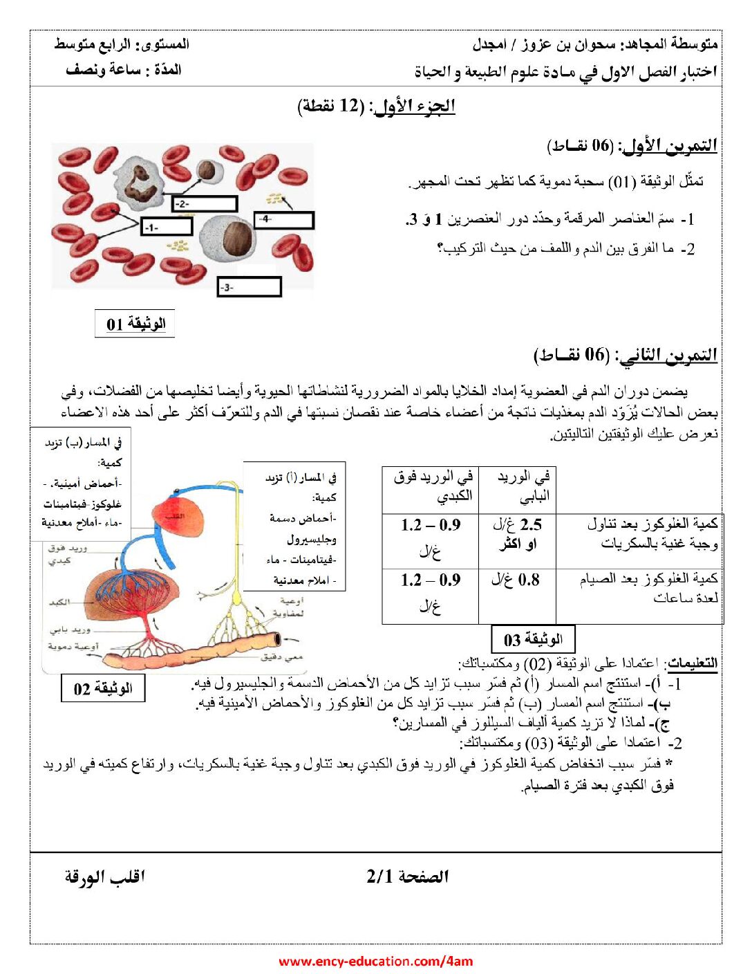 اختبار  في العلوم الطبيعية الفصل الأول السنة الرابعة متوسط رقم 72 مع التصحيح