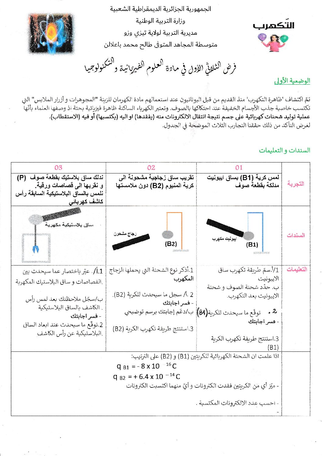 فرض في العلوم الفيزيائية الفصل الأول السنة الرابعة متوسط رقم 76