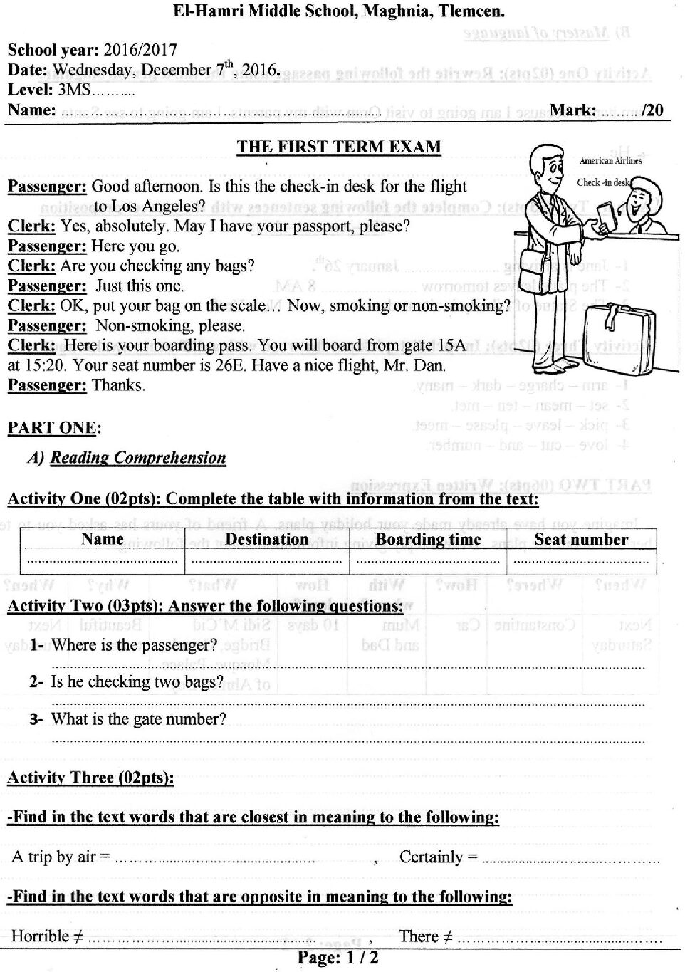 اختبار في اللغة الإنجليزية الفصل الأول السنة الثالثة متوسط رقم 8