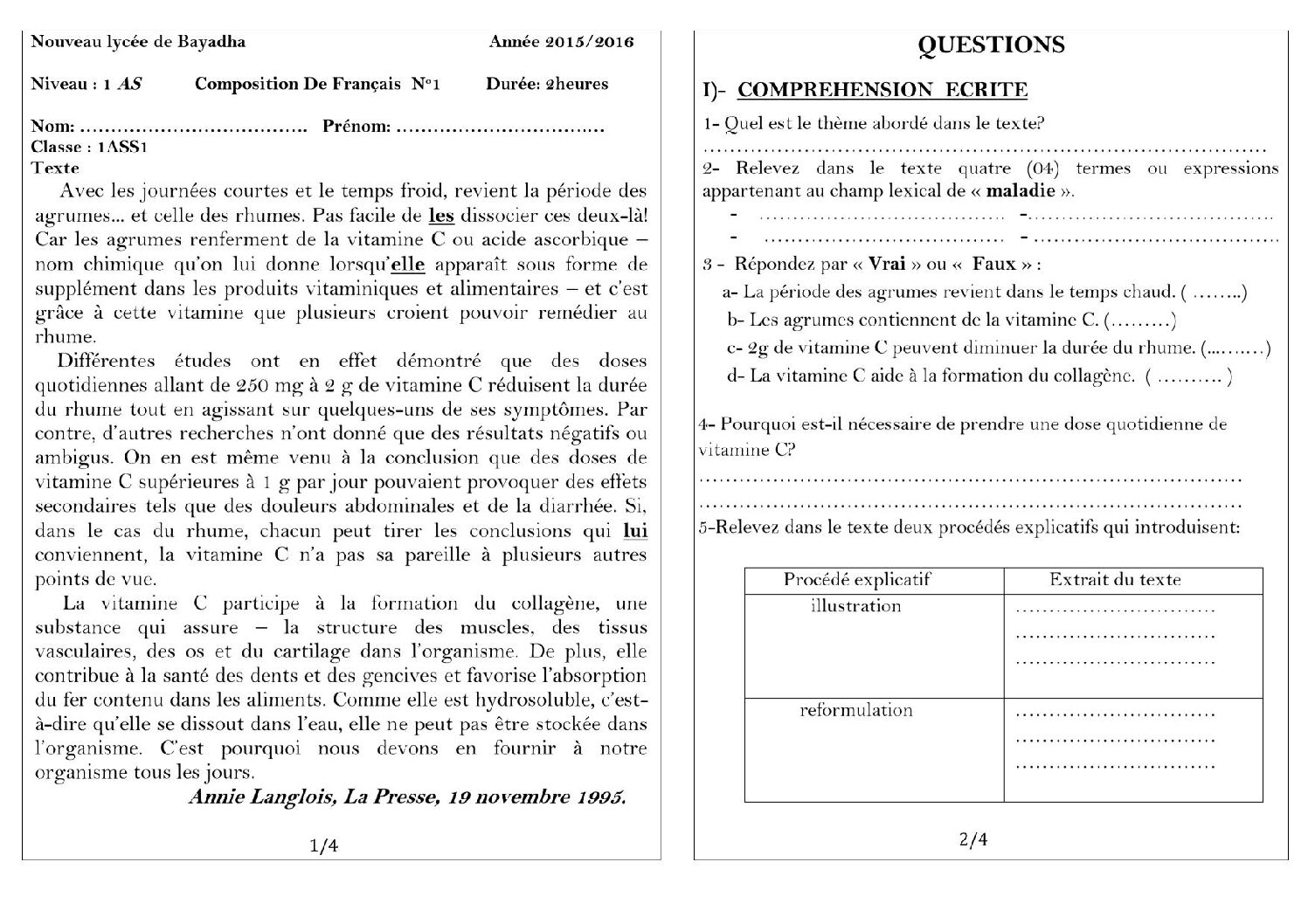 اختبار في اللغة الفرنسية الفصل الأول السنة الأولى ثانوي ج م ع رقم 8