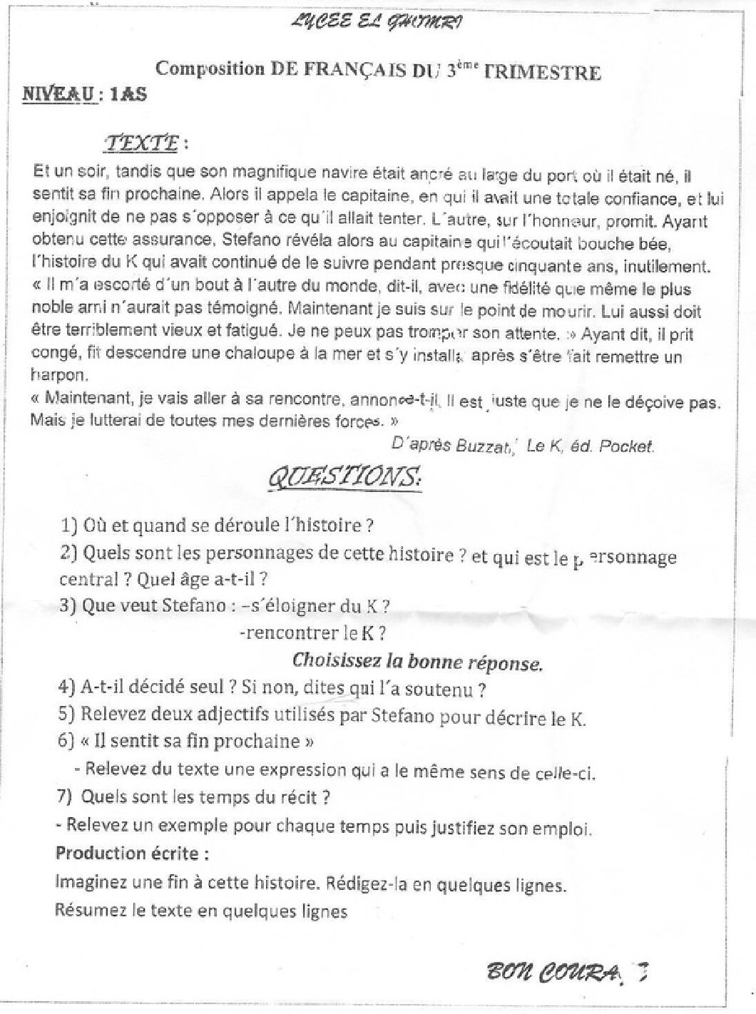 اختبار في اللغة الفرنسية الفصل الثالث السنة الأولى ثانوي ج م ع رقم 8