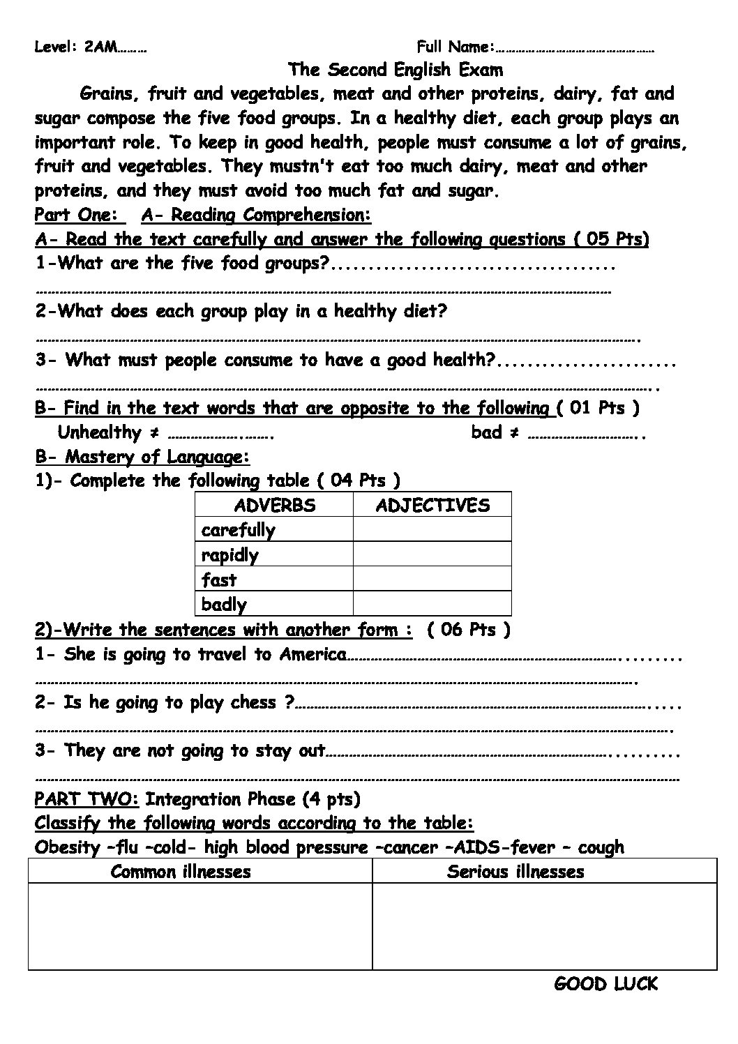 اختبار في اللغة الإنجليزية الفصل الثاني السنة الثانية متوسط رقم 8