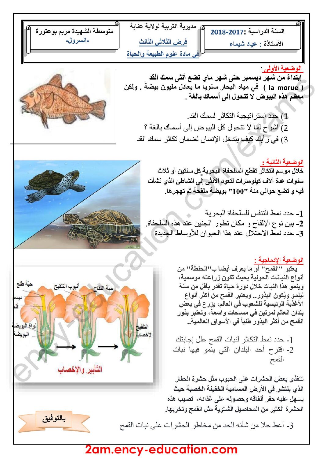 فرض في العلوم الطبيعية الفصل الثالث السنة الثانية متوسط رقم 8