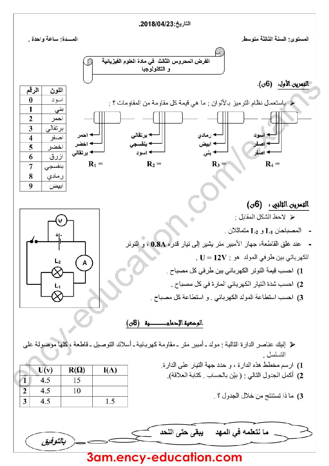 فرض في العلوم الفيزيائية الفصل الثالث السنة الثالثة متوسط رقم 8