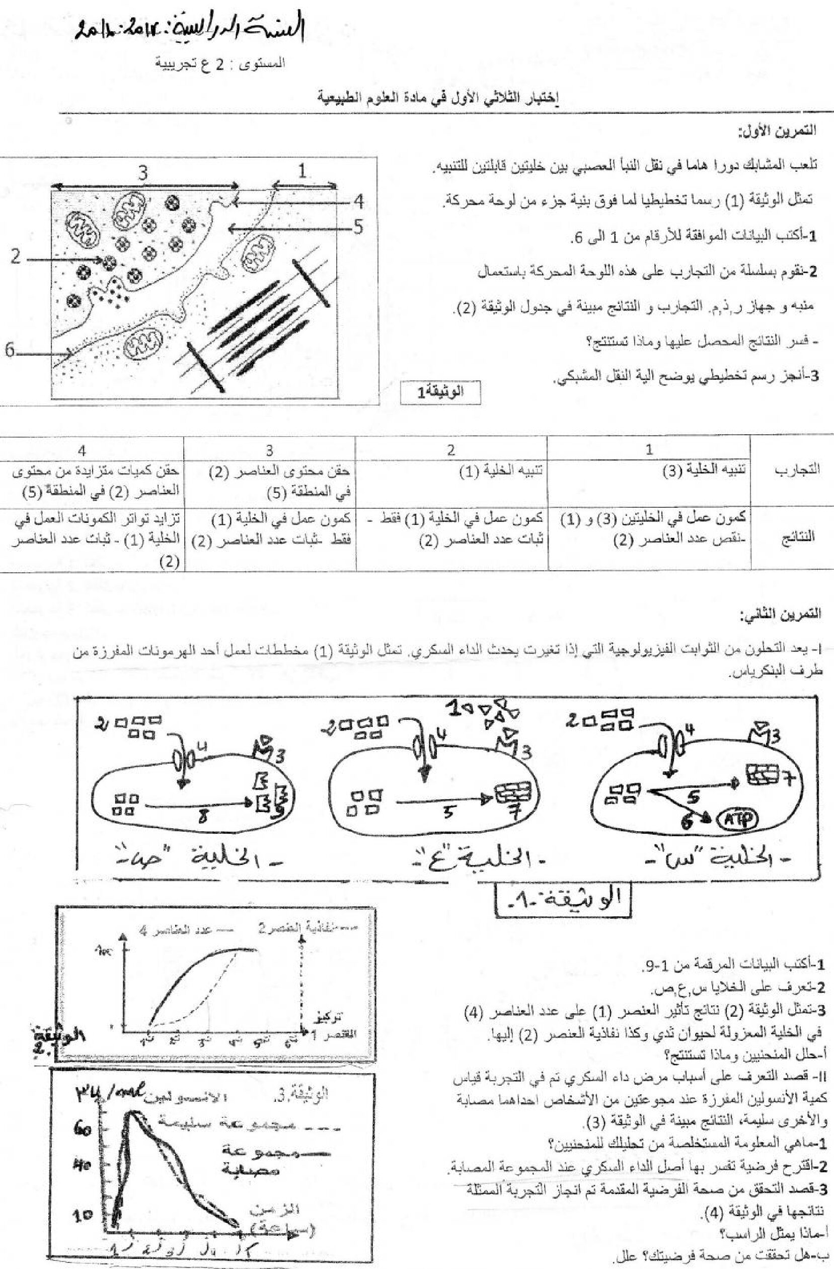 اختبار في العلوم الطبيعية الفصل الأول السنة الثانية ثانوي علوم تجريبية رقم 9