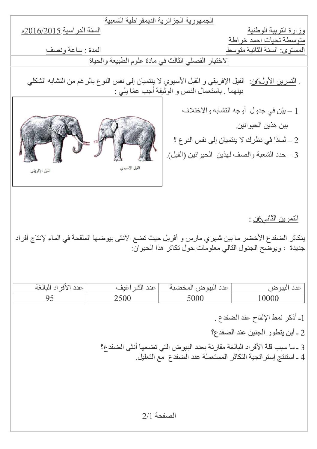 اختبار في العلوم الطبيعية الفصل الثالث السنة الثانية متوسط رقم 9