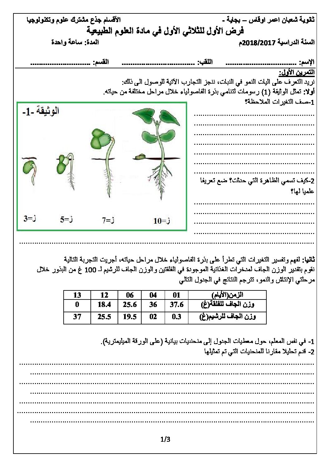 فرض في العلوم الطبيعية الفصل الأول السنة الأولى ثانوي رقم 9 مع التصحيح