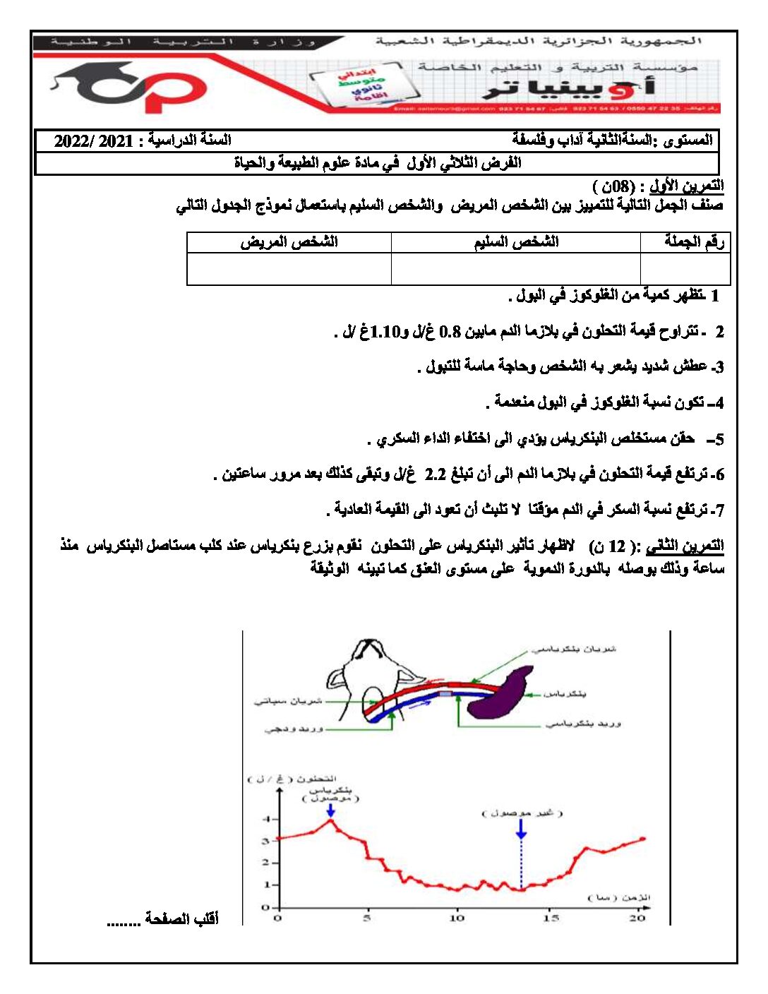 فرض في العلوم الطبيعية الفصل الأول السنة الثانية ثانوي آداب رقم 9