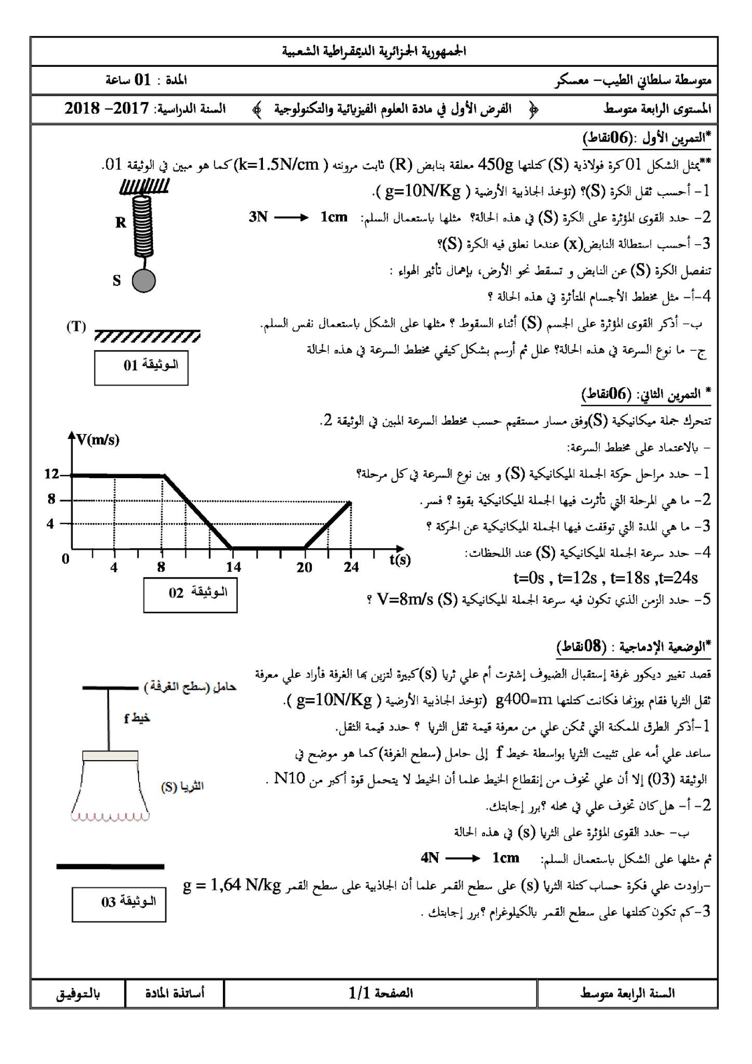 فرض في العلوم الفيزيائية الفصل الأول السنة الرابعة متوسط رقم 9