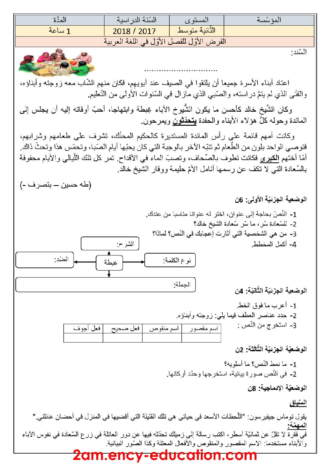 فرض في اللغة العربية الفصل الأول السنة الثانية متوسط رقم 9