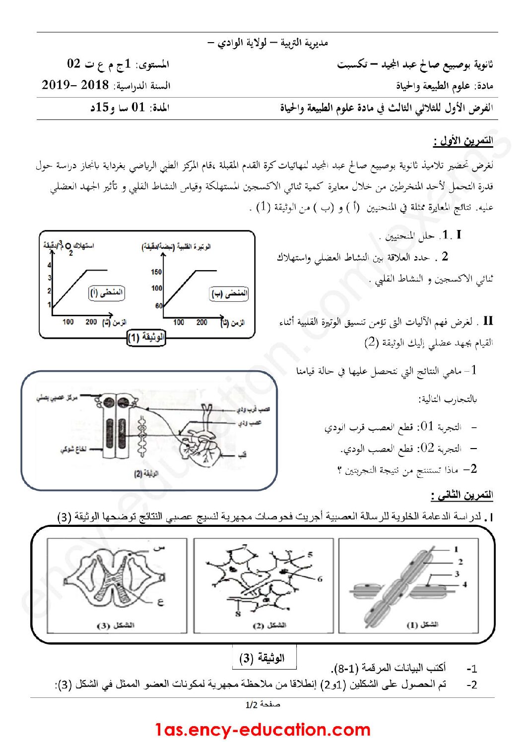 فرض في العلوم الطبيعية الفصل الثالث السنة الأولى ثانوي رقم 9