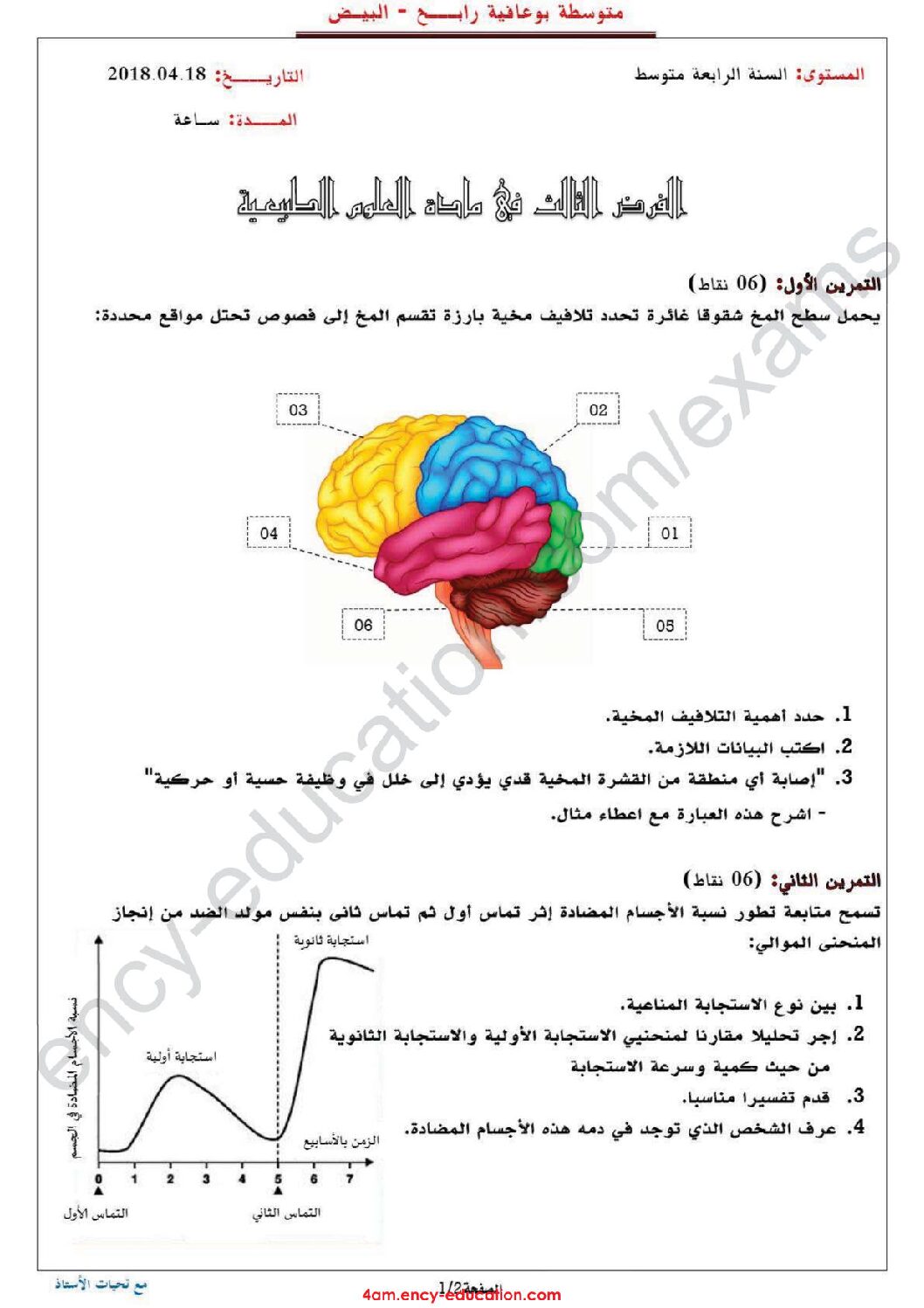 فرض في العلوم الطبيعية الفصل الثالث السنة الرابعة متوسط رقم 9