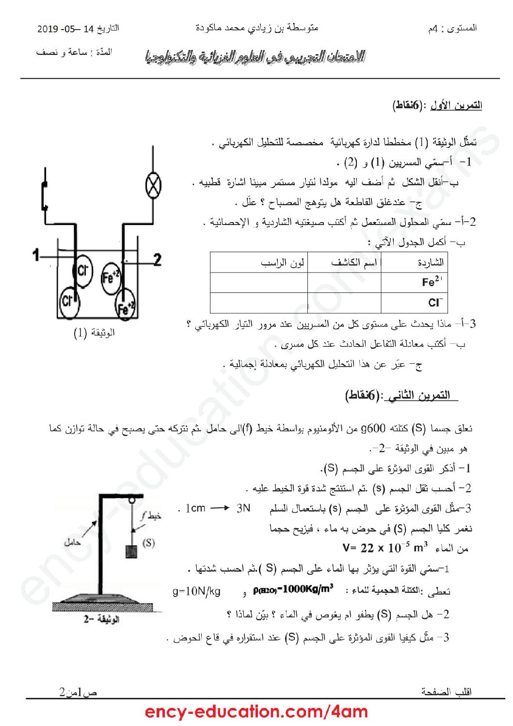 اختبار في العلوم الفيزيائية الفصل الثالث السنة الرابعة متوسط رقم 90