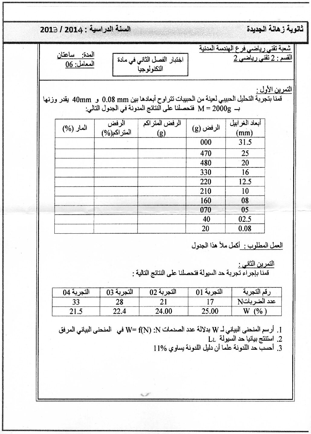 اختبار في الهندسة المدنية الفصل الثاني السنة الثانية ثانوي رقم 1