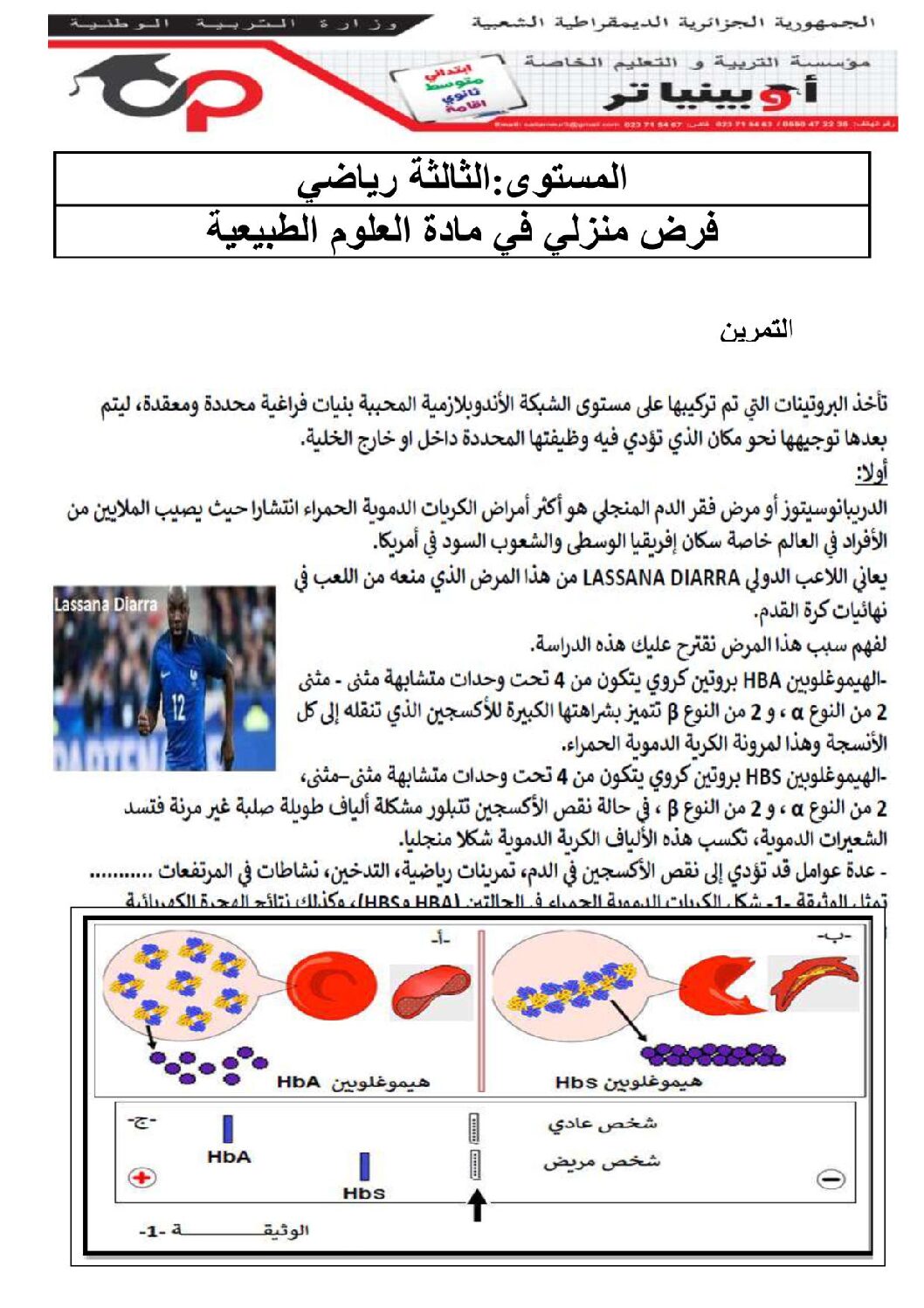 فرض في العلوم الطبيعية الفصل الثاني السنة الثالثة ثانوي رياضيات رقم 1