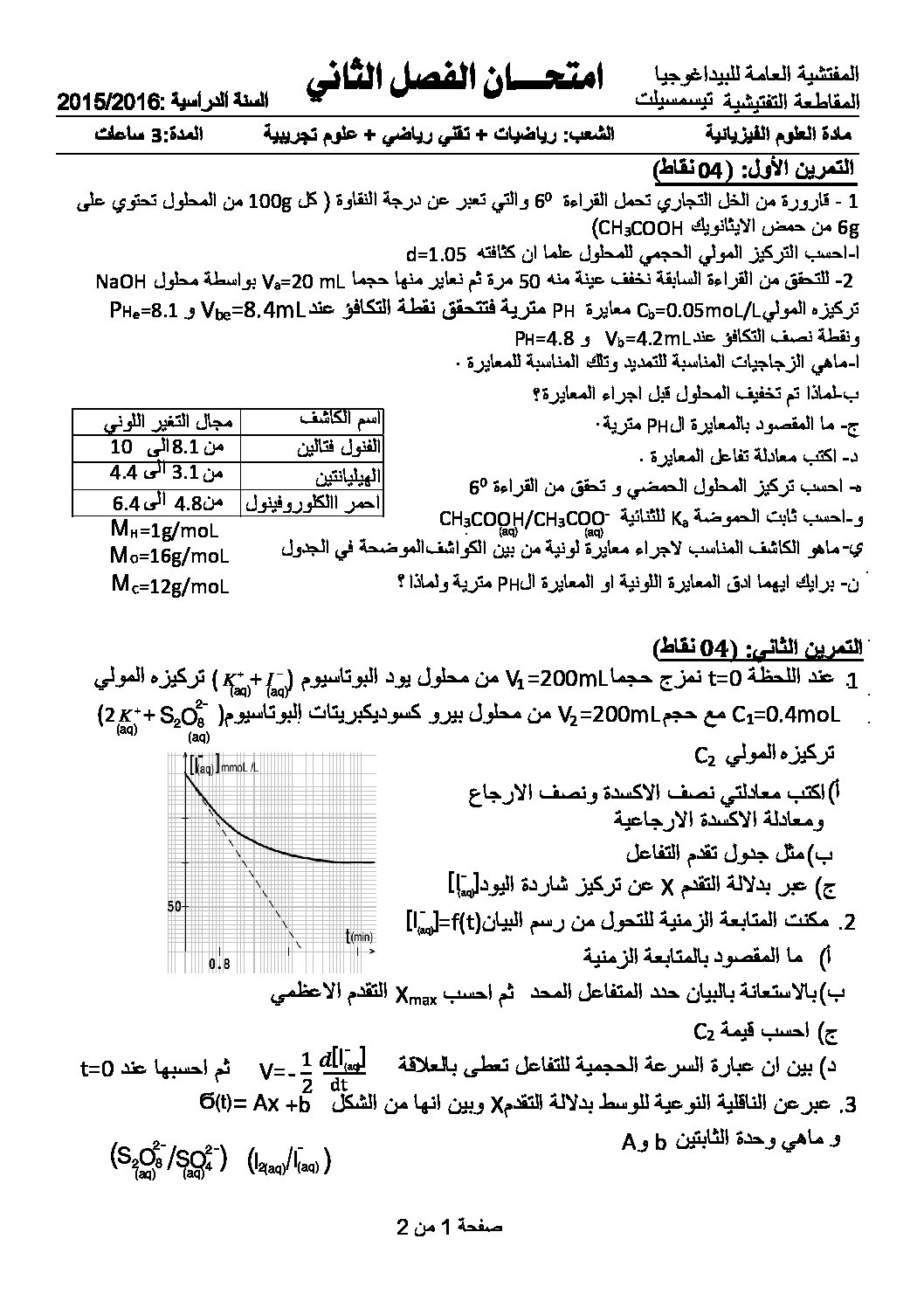 اختبار في العلوم الفيزيائية الفصل الثاني السنة الثالثة ثانوي رقم 10 مع التصحيح