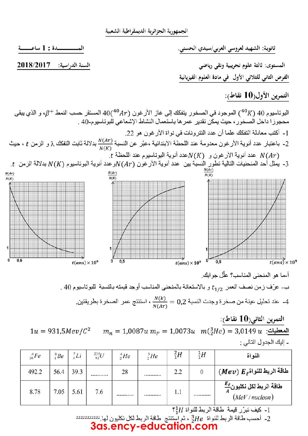 فرض في العلوم الفيزيائية الفصل الأول السنة الثالثة ثانوي رقم 10