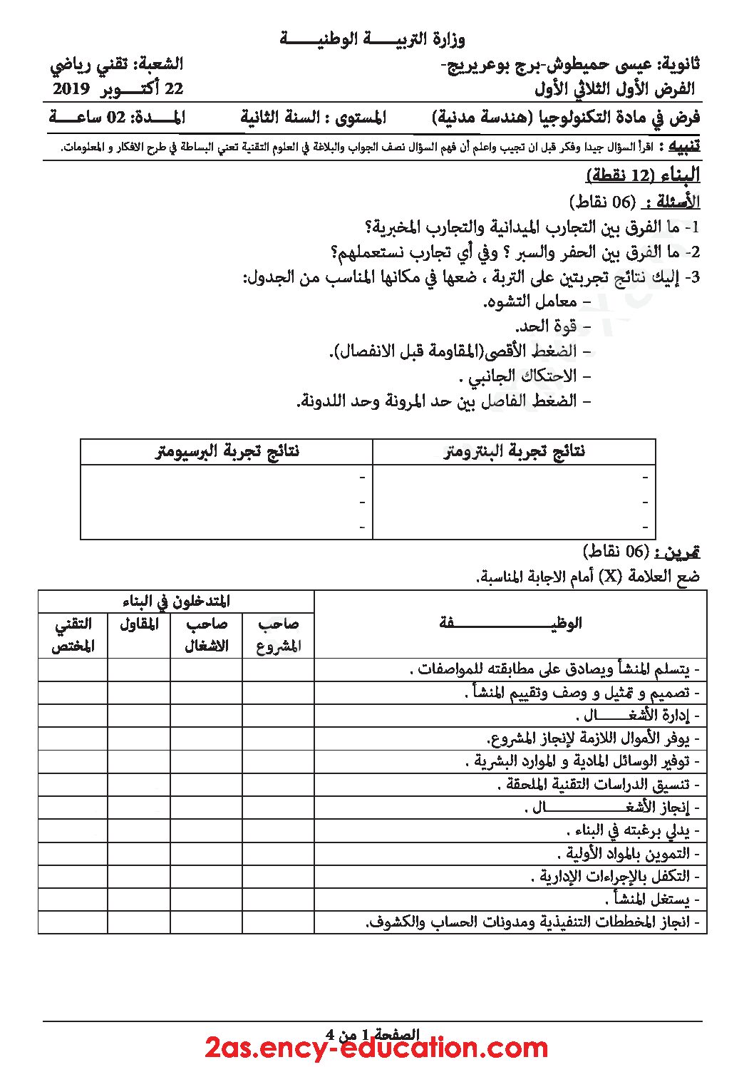 فرض في الهندسة المدنية الفصل الأول السنة الثانية ثانوي رقم 10 مع التصحيح