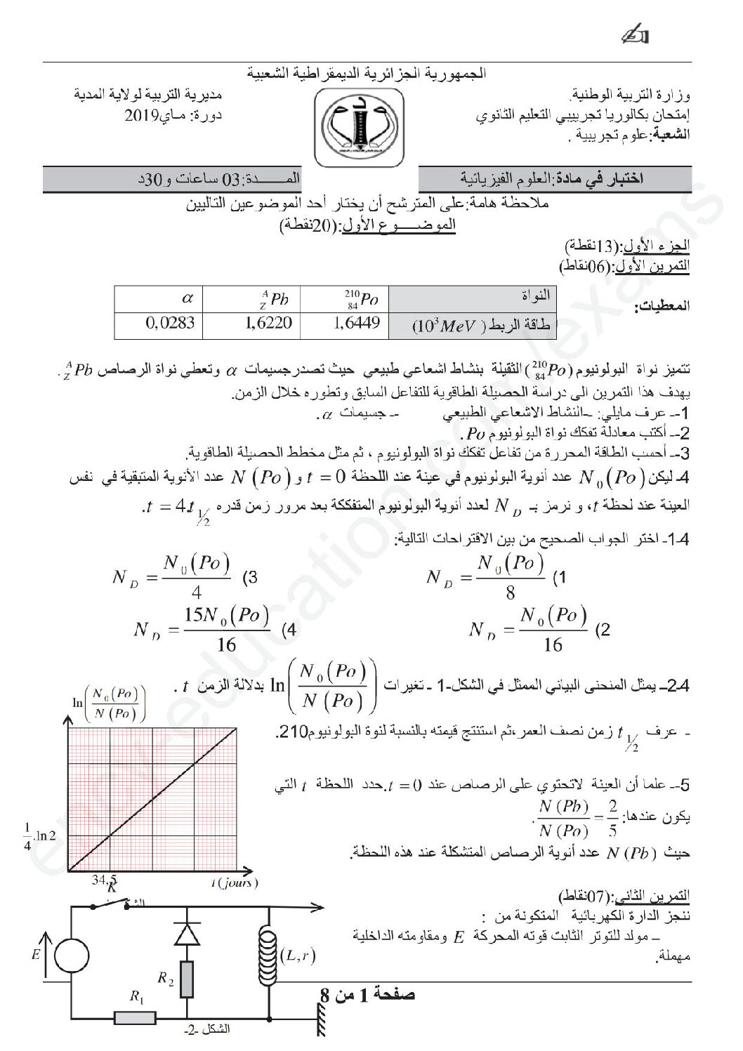 اختبار في العلوم الفيزيائية الفصل الثالث السنة الثالثة ثانوي رقم 103 مع التصحيح