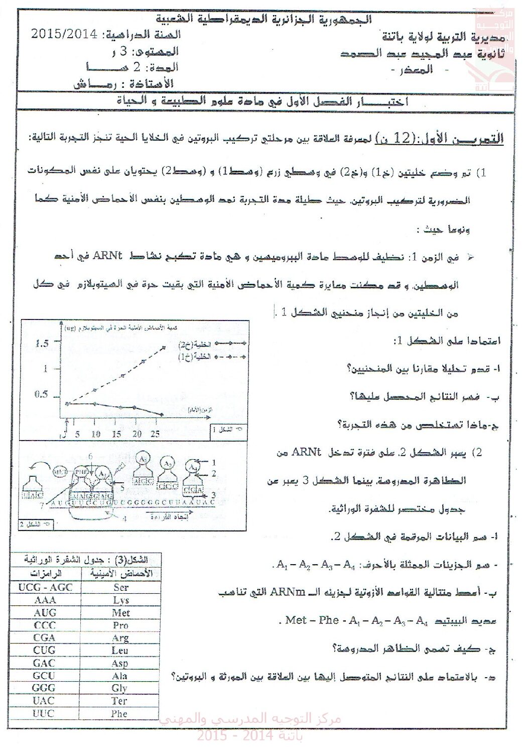 اختبار في العلوم الطبيعية الفصل الأول السنة الثالثة ثانوي رياضيات رقم 11 مع التصحيح