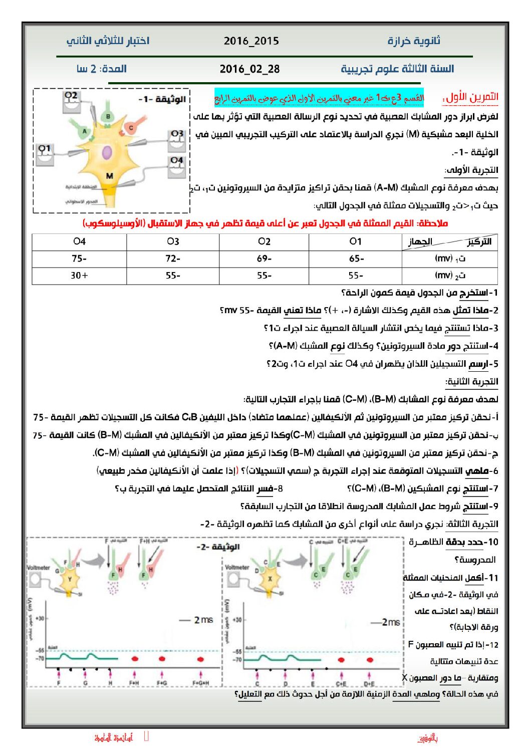 اختبار في العلوم الطبيعية الفصل الثاني السنة الثالثة ثانوي علوم تجريبية رقم 11