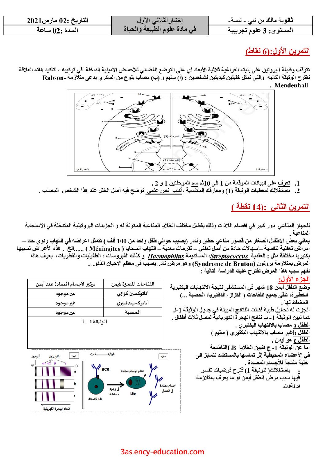 اختبار في العلوم الطبيعية الفصل الأول السنة الثالثة ثانوي علوم تجريبية رقم 111