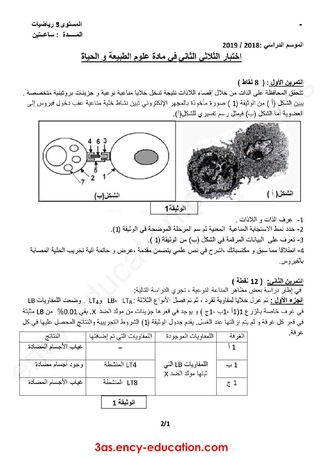 اختبار في العلوم الطبيعية الفصل الثاني السنة الثالثة ثانوي رياضيات رقم 12 مع التصحيح