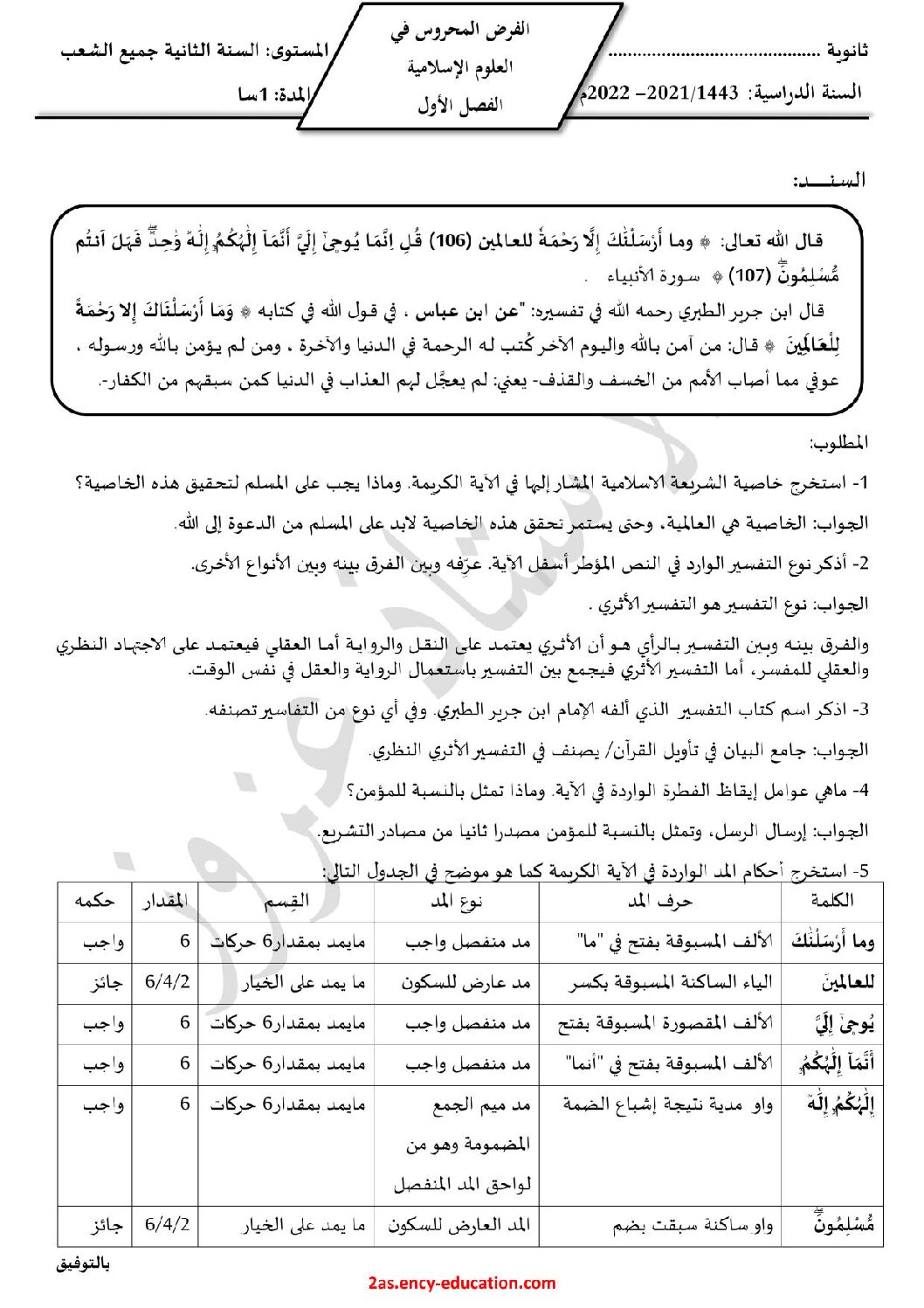 فرض في العلوم الإسلامية الفصل الأول السنة الثانية ثانوي رقم 12