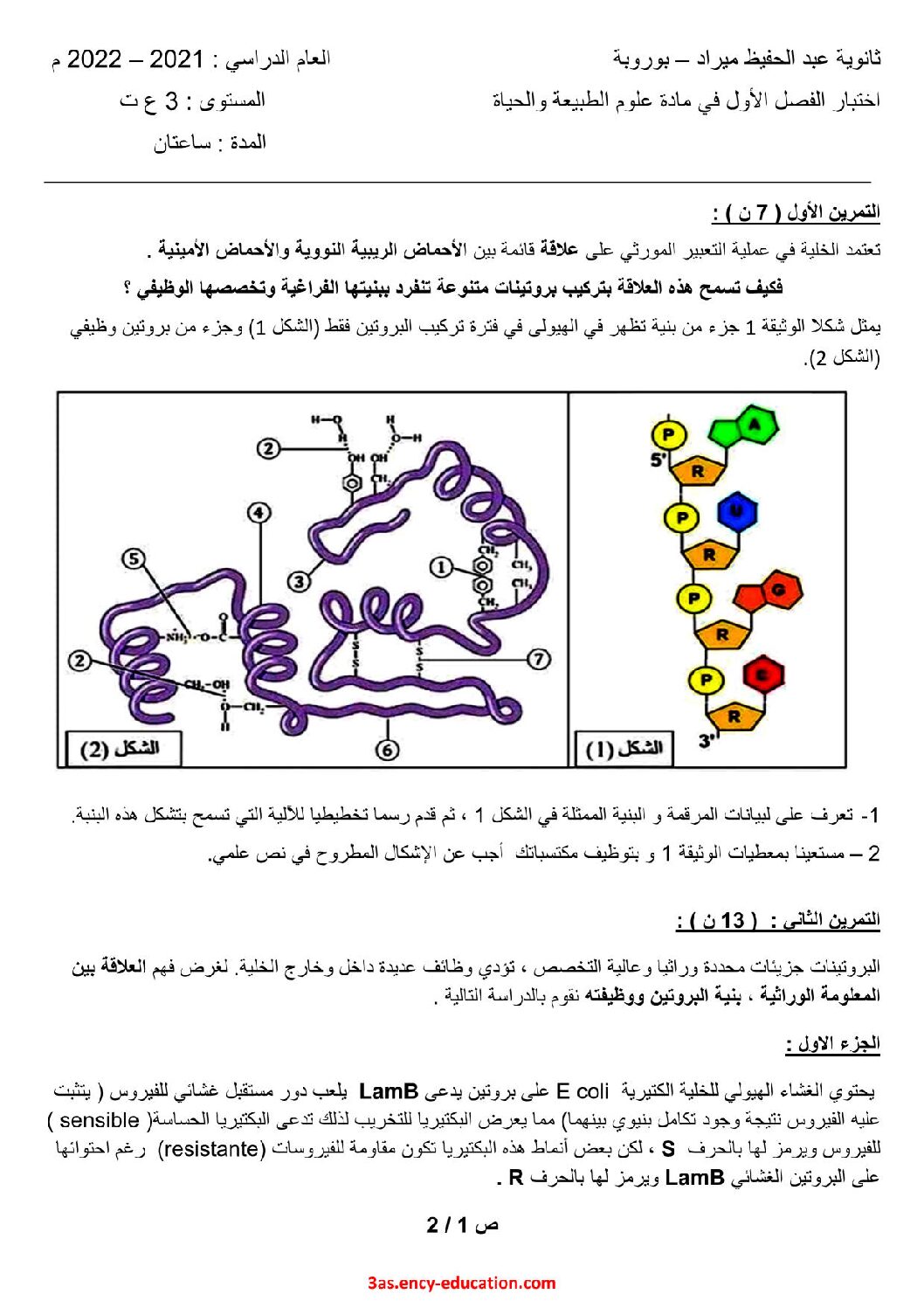 اختبار في العلوم الطبيعية الفصل الأول السنة الثالثة ثانوي علوم تجريبية رقم 126 مع التصحيح