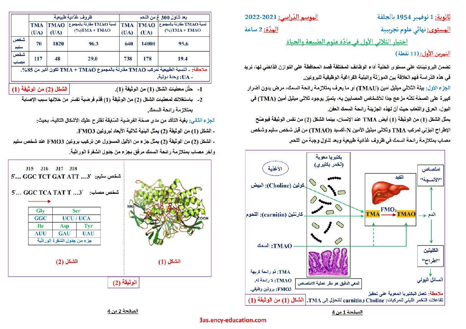 اختبار في العلوم الطبيعية الفصل الأول السنة الثالثة ثانوي علوم تجريبية رقم 128 مع التصحيح