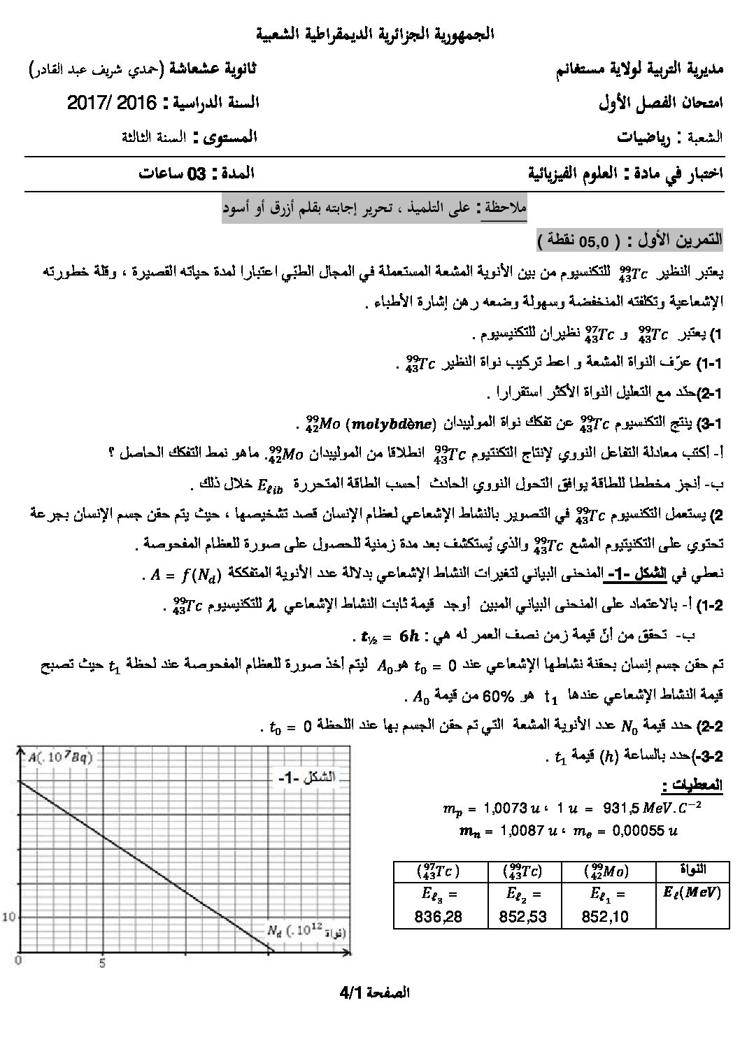 اختبار في العلوم الفيزيائية الفصل الأول السنة الثالثة ثانوي رقم 13 مع التصحيح