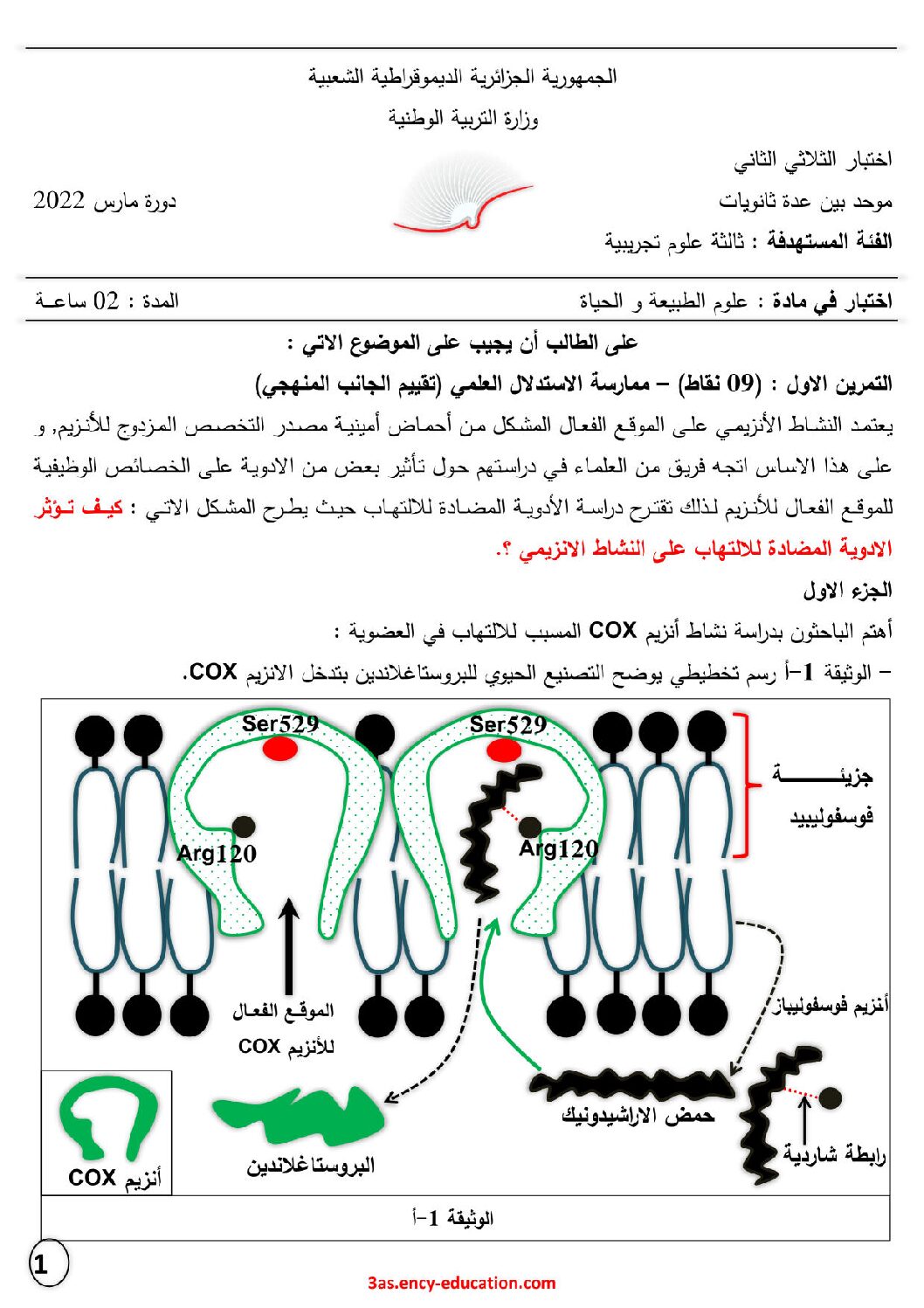 اختبار في العلوم الطبيعية الفصل الثاني السنة الثالثة ثانوي علوم تجريبية رقم 99 مع التصحيح
