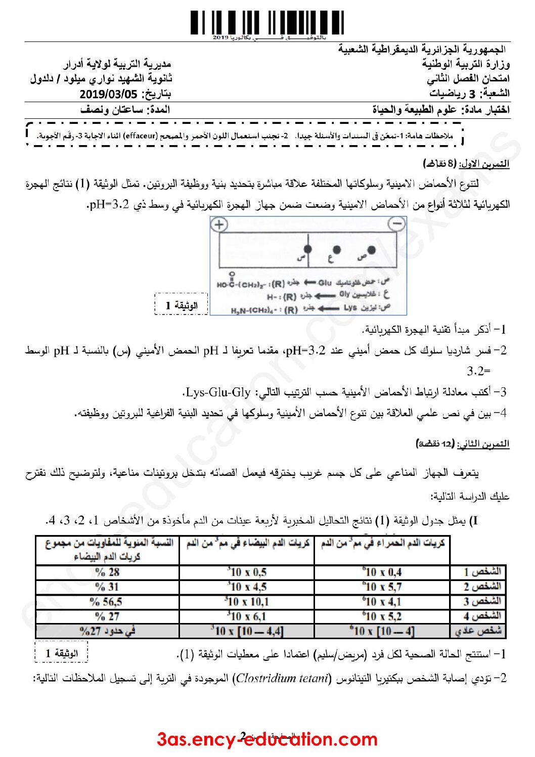 اختبار في العلوم الطبيعية الفصل الثاني السنة الثالثة ثانوي رياضيات رقم 14 مع التصحيح