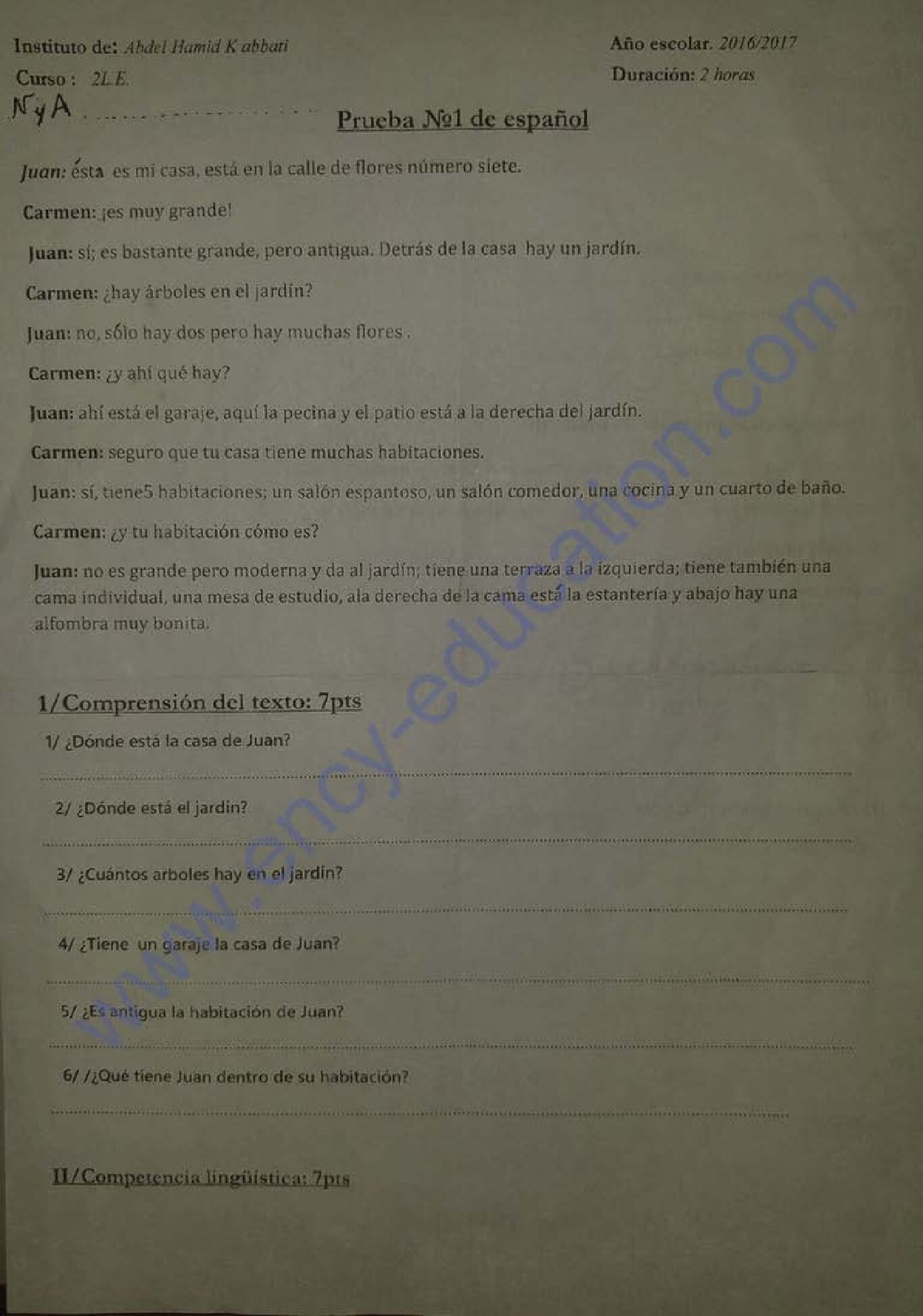 اختبار في اللغة الإسبانية الفصل الأول السنة الثانية ثانوي رقم 15