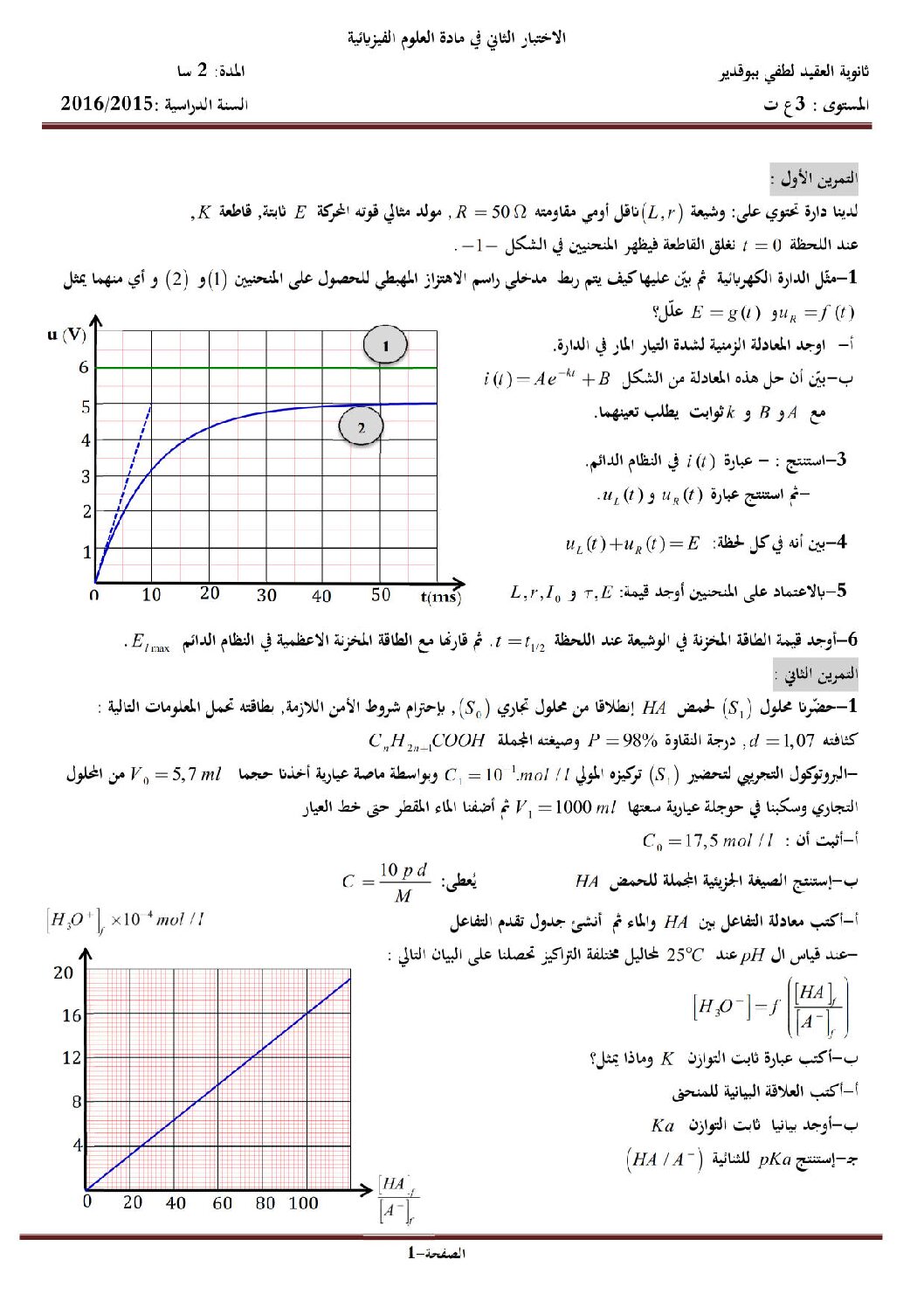 اختبار في العلوم الفيزيائية الفصل الثاني السنة الثالثة ثانوي رقم 15