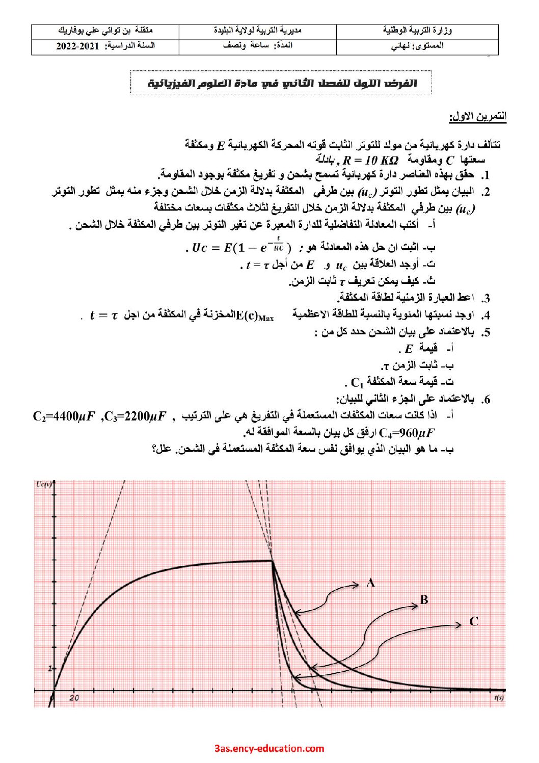 فرض في العلوم الفيزيائية الفصل الثاني السنة الثالثة ثانوي رقم 15